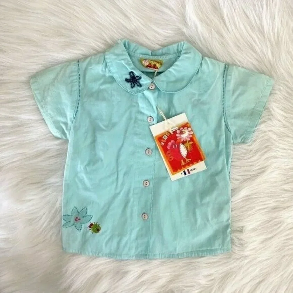 Dpam Girls Sz 4 Blue Peter Pan Collar Beaded Blouse Short Sleeve Shirt Top